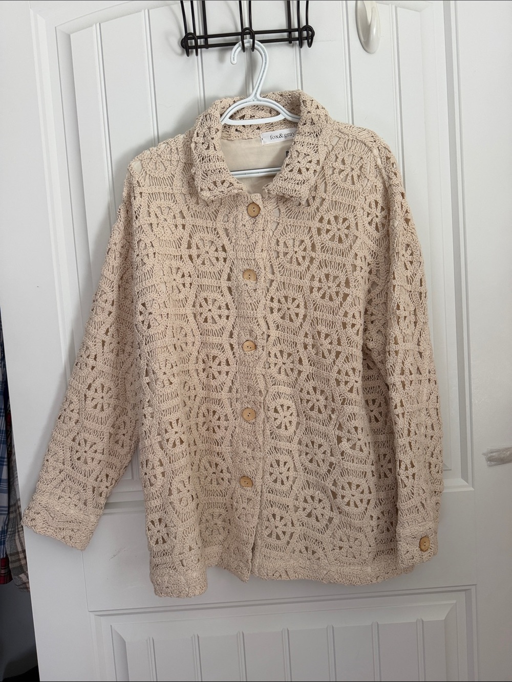 FOX & GRAY Beige Crochet Button Front Jacket Women’s Size Large NWT